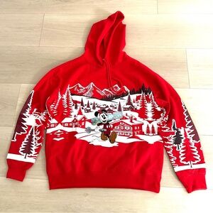 Disney Store Mickey Red Pull Over Christmas Graphic Hoodie Adult Large New